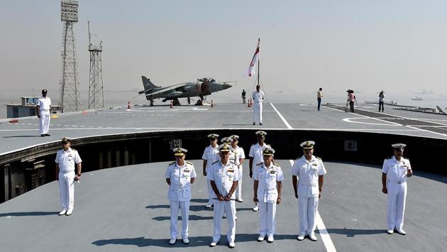 Vice-admiral Girish Luthra, flag officer commanding-in-chief western naval command and captain Puneet Chadha visit INS Viraat  on Monday. (Kunal Patil/ht photo) 