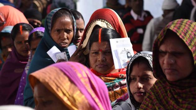 Women queue up to cast their votes at a polling station at Ayodhya. The districts going to polls in this phase are Balrampur, Gonda, Faizabad, Ambedkar Nagar, Bahraich, Shravasti, Basti, Siddharth Nagar, Sant Kabir Nagar, Amethi and Sultanpur. (Arun Sharma/HT PHOTO) Women queue up to cast their votes at a polling station at Ayodhya. The districts going to polls in this phase are Balrampur, Gonda, Faizabad, Ambedkar Nagar, Bahraich, Shravasti, Basti, Siddharth Nagar, Sant Kabir Nagar, Amethi and Sultanpur. (Arun Sharma/HT PHOTO)