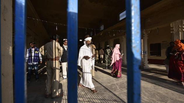 A sadhu emerges after casting his vote at a polling station at Ayodhya. (Arun Sharma/HT PHOTO) A sadhu emerges after casting his vote at a polling station at Ayodhya. (Arun Sharma/HT PHOTO)