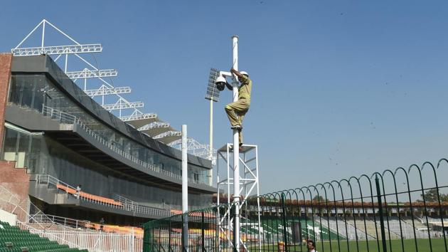 Last-minute installation of security cameras and other measures are going on in full swing at the Gaddafi Cricket Stadium in Lahore where the Pakistan Super League (PSL) final is scheduled to be held on March 5. (AFP) Last-minute installation of security cameras and other measures are going on in full swing at the Gaddafi Cricket Stadium in Lahore where the Pakistan Super League (PSL) final is scheduled to be held on March 5. (AFP)