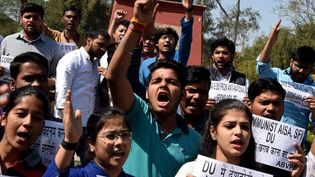 Members of the Akhil Bharatiya Vidyarthi Parishad (ABVP) shout slogans during a protest march at the Delhi University on February 23. (AFP) Members of the Akhil Bharatiya Vidyarthi Parishad (ABVP) shout slogans during a protest march at the Delhi University on February 23. (AFP)