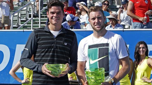 Milos Raonic,left, and Jack Sock, right, pose with their trophies after the 2017 Delray Beach Open. (AP) Milos Raonic,left, and Jack Sock, right, pose with their trophies after the 2017 Delray Beach Open. (AP)