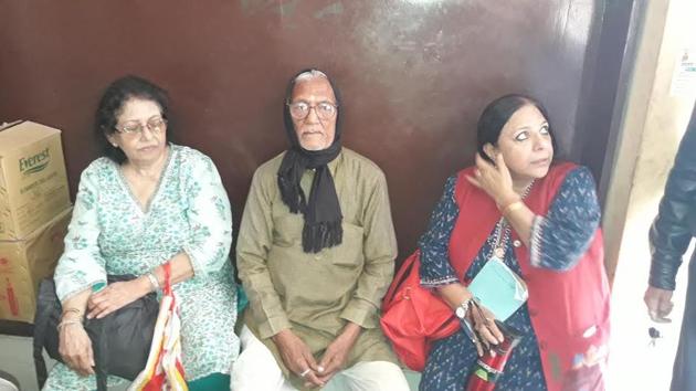 Shanta (extreme left) with a resident of Mainpuri. Her friend, Seema Kiran, is seen on the right. (HT Photo) Shanta (extreme left) with a resident of Mainpuri. Her friend, Seema Kiran, is seen on the right. (HT Photo)