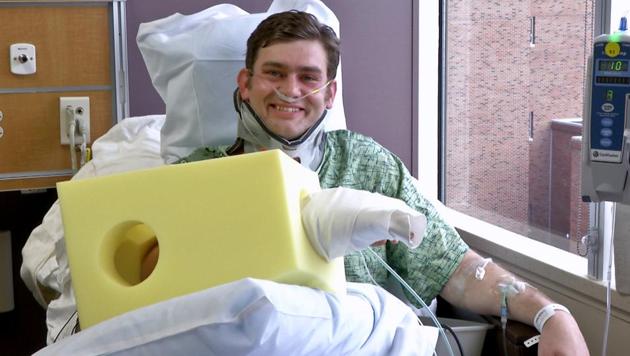 This February 23 image from a video shows Ian Grillot in the University of Kansas Hospital in Kansas City.(AP)