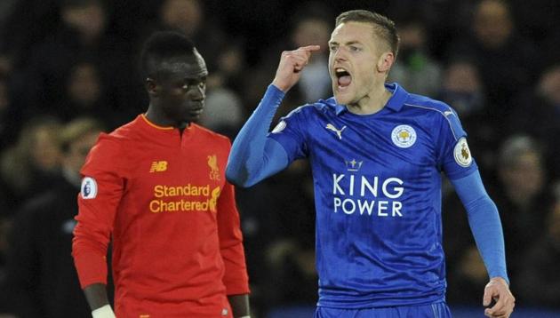 Leicester City FC’s Jamie Vardy gestures after scoring against Liverpool FC during a English Premier League match. (AP) Leicester City FC’s Jamie Vardy gestures after scoring against Liverpool FC during a English Premier League match. (AP)