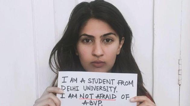 The first year student of Delhi’s Lady Shri Ram College, Gurmehar finds herself in the middle of an ugly debate over free speech and patriotism for taking on the Akhil Bharatiya Vidyarthi Parishad (ABVP).(Facebook)
