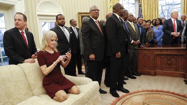 Kellyanne Conway sits on a couch as US President Donald Trump meets with leaders of Historically Black Colleges and Universities (HBCU) in the Oval Office of the White House in Washington. (AP Photo) Kellyanne Conway sits on a couch as US President Donald Trump meets with leaders of Historically Black Colleges and Universities (HBCU) in the Oval Office of the White House in Washington. (AP Photo)