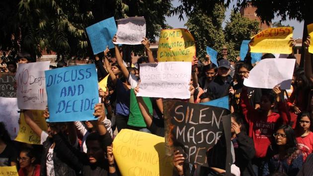 Students protest against St Stephen’s move to apply for autonomy from Delhi University on Wednesday.