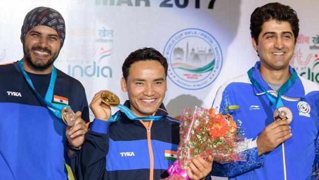 Jitu Rai (centre) and Amanpreet Singh (left) with their 50m air pistol medals at the ISSF World Cup. (ISSF) Jitu Rai (centre) and Amanpreet Singh (left) with their 50m air pistol medals at the ISSF World Cup. (ISSF)