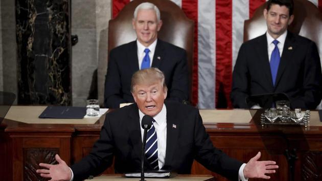Washington : President Donald Trump addresses a joint session of Congress on Capitol Hill in Washington, Tuesday, Feb. 28, 2017, as Vice President Mike Pence and House Speaker Paul Ryan of Wis. listen. (AP Photo) Washington : President Donald Trump addresses a joint session of Congress on Capitol Hill in Washington, Tuesday, Feb. 28, 2017, as Vice President Mike Pence and House Speaker Paul Ryan of Wis. listen. (AP Photo)