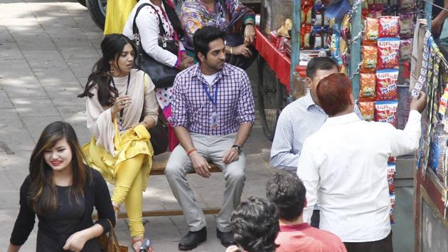 In one of  the sequences, the actors were spotted having tea in a market setup. The two were last seen together in the film,  Dum Laga Ke Haisha (2015). (Waseem Gashroo/HT Photo) 
