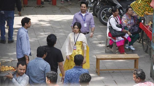 Since, both the actors were seen wearing ID cards, it’s likely that they are playing characters of  working professionals in the film. (Waseem Gashroo/HT Photo) 