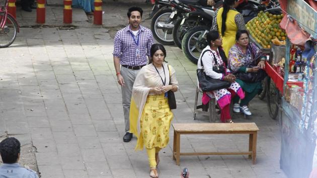 Ayushmann was seen wearing formals while Bhumi wore a yellow salwaar kameez. (Waseem Gashroo/HT Photo) 