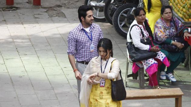 In another sequence, Bhumi was seen waiting for Ayushmann and she kept checking her watch. (Waseem Gashroo/HT Photo) 