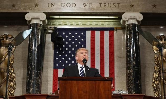 U.S. President Donald Trump delivers his first address to a joint session of Congress from the floor of the House of Representatives in Washington
