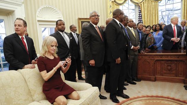 President Donald Trump, right, meets with leaders of Historically Black Colleges and Universities (HBCU) in the Oval Office of the White House in Washington. Also at the meeting are White House Chief of Staff Reince Priebus, left, and Counselor to the President Kellyanne Conway, on the couch. (AP Photo) President Donald Trump, right, meets with leaders of Historically Black Colleges and Universities (HBCU) in the Oval Office of the White House in Washington. Also at the meeting are White House Chief of Staff Reince Priebus, left, and Counselor to the President Kellyanne Conway, on the couch. (AP Photo)