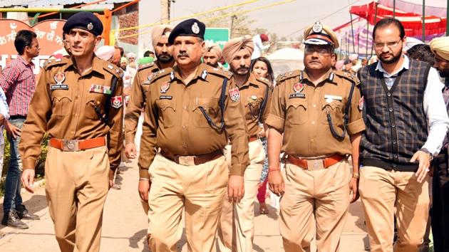 DGP, law and order, Hardeep Singh Dhillon with other officials at congregation centre in Jagera village on Wednesday. (Jagtinder Singh Grewal/HT Photo) DGP, law and order, Hardeep Singh Dhillon with other officials at congregation centre in Jagera village on Wednesday. (Jagtinder Singh Grewal/HT Photo)