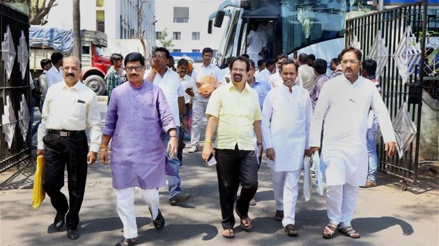 Shiv Sena corporators outside the Konkan Bhavan at CBD Belapur in Navi Mumbai on Tuesday. (PTI) Shiv Sena corporators outside the Konkan Bhavan at CBD Belapur in Navi Mumbai on Tuesday. (PTI)