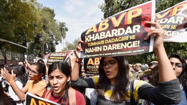 Students and teachers of Delhi University, JNU and Jamia during a protest march against ABVP at North Campus in New Delhi. (PTI Photo) Students and teachers of Delhi University, JNU and Jamia during a protest march against ABVP at North Campus in New Delhi. (PTI Photo)