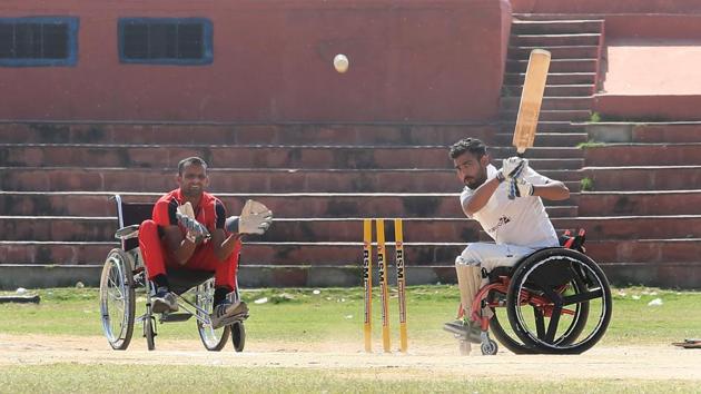 Punjab team striker Rohit hits a shot against Haryana during the Two Day National Triangular Wheelchair T-20 Cricket Series.
