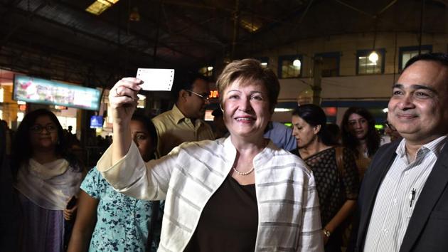 World Bank CEO Kristalina Georgieva on a visit to the city on Tuesday. She is in India to meet key policy makers and will discuss projects with the chief minister Devendra Fadnavis and his team. The World-Bank funded Mumbai Urban Transport Project (MUTP) is one of the most ambitious infrastructure initiatives undertaken to improve railway and road connectivity in the Mumbai Metropolitan Region (MMR). (Anshuman Poyrekar/HT PHOTO)