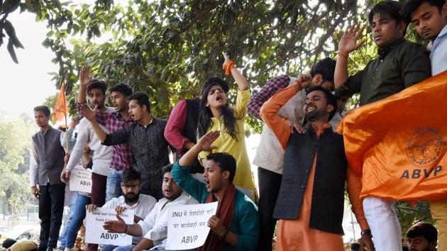 Akhil Bharatiya Vidyarthi Parishad (ABVP) activists during a protest against Delhi Police at Police headquarters in New Delhi on Wednesday, March 1, 2017. The students’ organisation is holding a march on Delhi University’s North Campus on March 2.(PTI)
