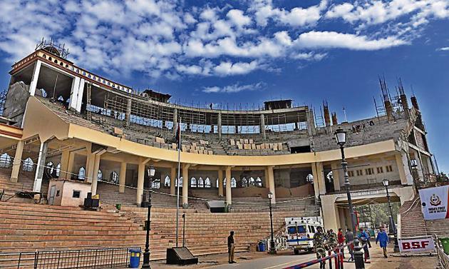 Construction of the retreat ceremony parade gallery in full swing at the Wagah?Attari Border in Amritsar on Thursday.(Gurpreet Singh/HT)