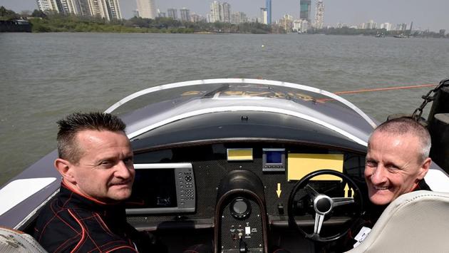 ALL SMILES: Driver Neil William Jackson  and navigator Jason Jackson at Colaba. (Kunal Patil/HT Photo) 