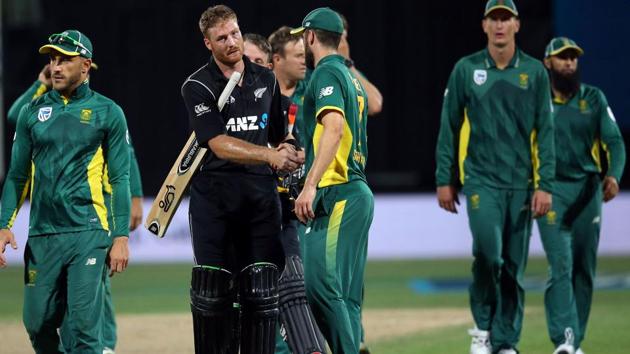 Martin Guptill of New Zealand is congratulated for his 180 not out during the ODI between New Zealand and South Africa at Seddon Park in Hamilton on Wednesday. (AFP) Martin Guptill of New Zealand is congratulated for his 180 not out during the ODI between New Zealand and South Africa at Seddon Park in Hamilton on Wednesday. (AFP)