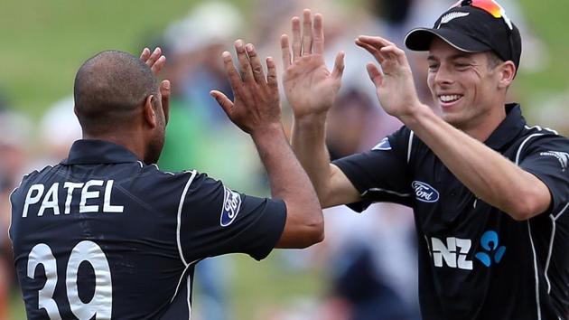 Jeetan Patel (left) and Mitchell Santner of New Zealand celebrate the run out of Dwaine Pretorius of South Africa during the fourth ODA vs South Africa at Seddon Park in Hamilton on Wednesday. (AFP) Jeetan Patel (left) and Mitchell Santner of New Zealand celebrate the run out of Dwaine Pretorius of South Africa during the fourth ODA vs South Africa at Seddon Park in Hamilton on Wednesday. (AFP)