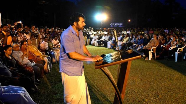 Actor Mammootty speaks at a special convention organised by film fraternity in Kochi to express solidarity with the actress who was harassed. (PTI File)