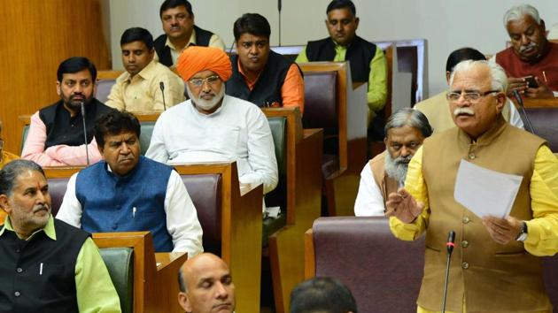 Chief minister Manohar Lal Khattar speaking during the budget session of the Haryana Vidhan Sabha in Chandigarh on Wednesday. (HT Photo) Chief minister Manohar Lal Khattar speaking during the budget session of the Haryana Vidhan Sabha in Chandigarh on Wednesday. (HT Photo)