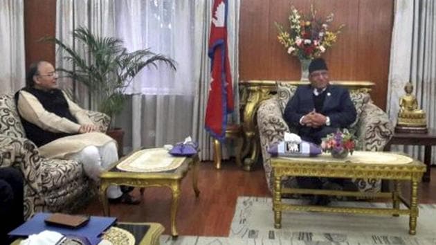 Finance Minister Arun Jaitley meets Nepal Prime Minister Pushpa Kamal Dahal in Kathmandu on Thursday. (PTI) Finance Minister Arun Jaitley meets Nepal Prime Minister Pushpa Kamal Dahal in Kathmandu on Thursday. (PTI)