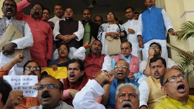 BJP members demanding the resignation of Bihar minister for excise and prohibition Abdul Jalil Mastan, Patna, March 1 (AP) BJP members demanding the resignation of Bihar minister for excise and prohibition Abdul Jalil Mastan, Patna, March 1 (AP)