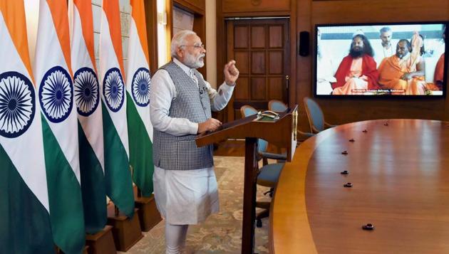 Prime Minister Narendra Modi addresses the inaugural function of the Annual International Yoga Festival at Rishikesh, through video conferencing, in New Delhi on Thursday. Prime Minister Narendra Modi addresses the inaugural function of the Annual International Yoga Festival at Rishikesh, through video conferencing, in New Delhi on Thursday.