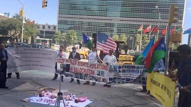 Free Balochistan Movement members at a protest against Pakistan outside the UN headquarters in New York. (PTI) Free Balochistan Movement members at a protest against Pakistan outside the UN headquarters in New York. (PTI)