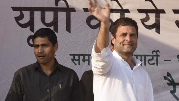 Congress vice-president Rahul Gandhi waves to supporters at an election rally at Pindra in Uttar Pradesh on Thursday.(Arun Sharma/HT Photo)