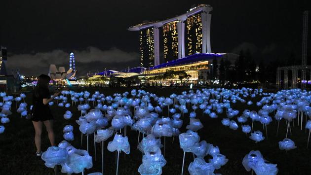 The light-art installation by Lee Yun Qin of Singapore titled ‘MoonFlower’ . (ROSLAN RAHMAN / AFP)