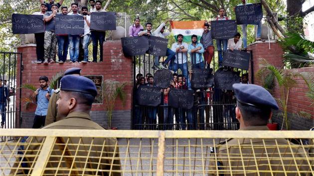 Student of Ramjas College during their protest march against ABVP at North Campus in New Delhi on February 28.(PTI File Photo)
