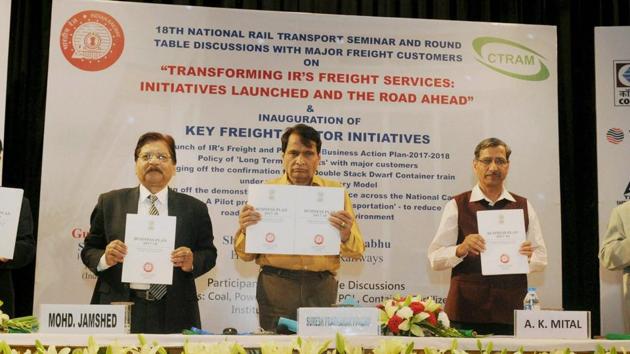 Railways minister Suresh Prabhu launches the Indian Railways Freight and Passenger Business Action Plan- 2017-18 at a function at the National Rail Museum in New Delhi on Thursday. (PTI) Railways minister Suresh Prabhu launches the Indian Railways Freight and Passenger Business Action Plan- 2017-18 at a function at the National Rail Museum in New Delhi on Thursday. (PTI)