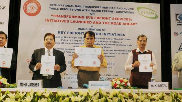 Railways minister Suresh Prabhu during the launch of the Indian Railways Freight and Passenger Business Action Plan- 2017-18 at a function at the National Rail Museum in New Delhi on Thursday.(PTI) Railways minister Suresh Prabhu during the launch of the Indian Railways Freight and Passenger Business Action Plan- 2017-18 at a function at the National Rail Museum in New Delhi on Thursday.(PTI)