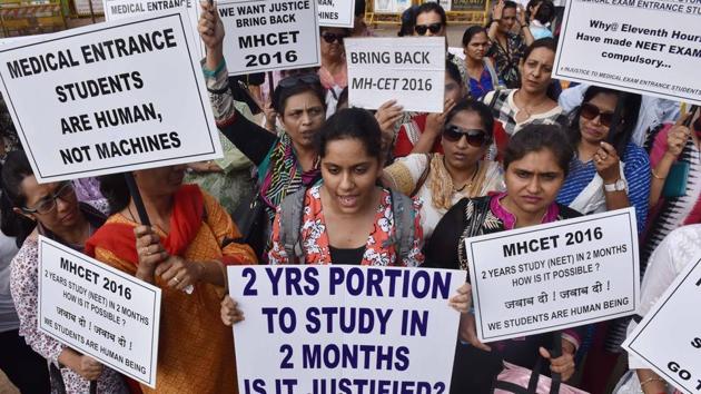 Parents and students protesting against the exam in May last year.(HT File Photo)