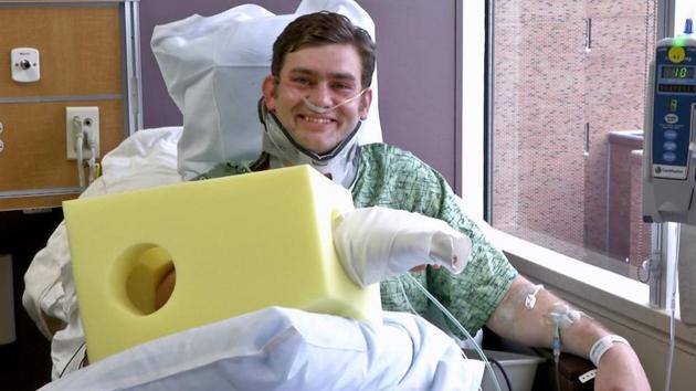 This Feb. 23, 2017 image from a video provided by The University of Kansas Health System shows Ian Grillot, of Grandview, Mo., during an interview in the University of Kansas Hospital in Kansas City.(AP Photo)
