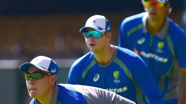 Australia national cricket team players Matt Renshaw, Steve Smith (centre) and Ashton Agar (background) during a training session ahead the second test match against India national cricket team in Bangalore. (PTI) Australia national cricket team players Matt Renshaw, Steve Smith (centre) and Ashton Agar (background) during a training session ahead the second test match against India national cricket team in Bangalore. (PTI)