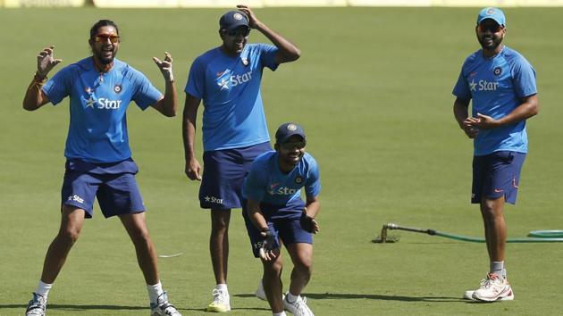 Indian cricketers, from left, Ishant Sharma, Ravichandran Ashwin, Ajinkya Rahane and Murali Vijay attend a training session. (AP)