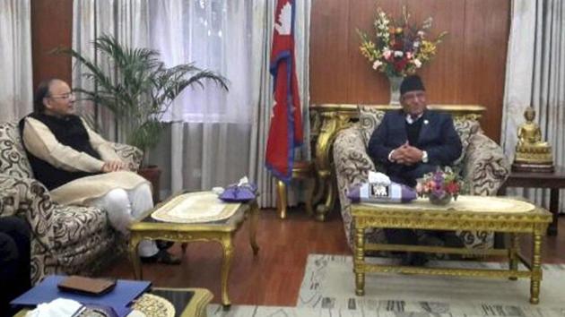 Finance minister Arun Jaitley meets Nepal Prime Minister Pushpa Kamal Dahal in Kathmandu on Thursday. (PTI) Finance minister Arun Jaitley meets Nepal Prime Minister Pushpa Kamal Dahal in Kathmandu on Thursday. (PTI)