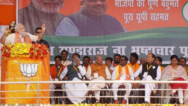 Prime Minister Narendra Modi addresses an election rally in Mirzapur on Friday.(PTI)