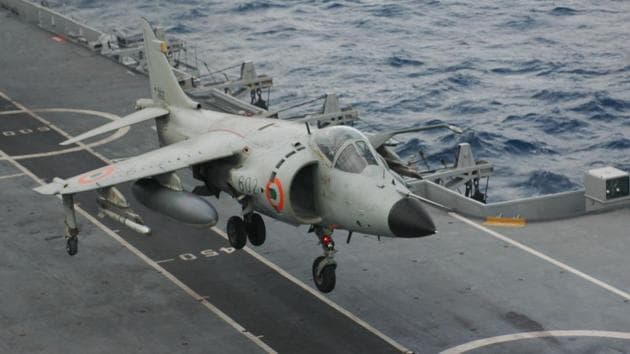 A Sea Harrier lands on the flight deck of INS Viraat. The jet was famous for a very short take off and a capability of landing vertically as well on the deck. (HT Photo)