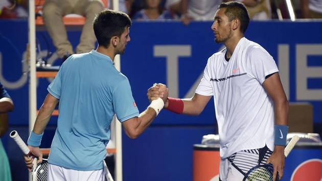 Australia's Nick Kyrgios (right) speaks to Serbia's Novak Djokovic after winning his match during the fourth day of the Mexican Open, in Acapulco, Guerrero State, Mexico, on Thursday. (AFP) Australia's Nick Kyrgios (right) speaks to Serbia's Novak Djokovic after winning his match during the fourth day of the Mexican Open, in Acapulco, Guerrero State, Mexico, on Thursday. (AFP)
