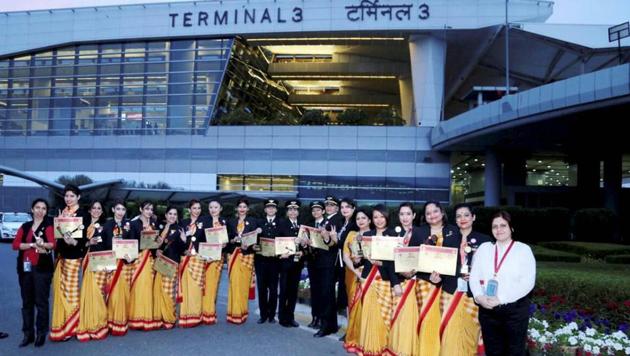 Crew members of Air India flight AI 173, which was operated with all women staff on Delhi-San Francisco-Delhi route, after arrival at IGI Airport, New Delhi on Friday.(PTI Photo) Crew members of Air India flight AI 173, which was operated with all women staff on Delhi-San Francisco-Delhi route, after arrival at IGI Airport, New Delhi on Friday.(PTI Photo)